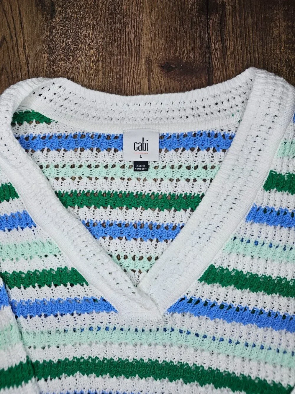 CAbi 6771 Serena Cotton Knit V-Neck Long Sleeve Pullover Sweater L Striped - Picture 6 of 8